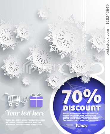 Winter sale banner featuring a bold 70 discount text in red, surrounded by white snowflakes on a cool gray background. Ideal for promoting winter sales, holiday offers, or festive discounts. 118243649