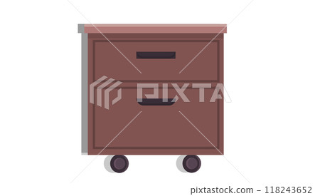 A compact brown wooden mobile drawer cabinet with two drawers and caster wheels, isolated on white. Ideal for organizing office supplies or personal items in a home office or small workspace. A compact brown wooden mobile drawer cabinet with two drawers and caster wheels, isolated on white. Ideal for organizing office supplies or personal items in a home office or small workspace. 118243652