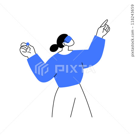 Abstract, minimalistic depiction of a person with a VR headset, hands raised, interacting with virtual objects in space. Represents virtual reality, gaming, or immersive digital experiences. 118243659