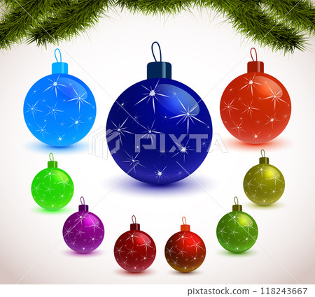 Set of Christmas balls in various colors, including blue, red, green, and purple, with festive patterns on a white background. Ideal for holiday decoration, cards, or seasonal designs. Set of Christmas balls in various colors, including blue, red, green, and purple, with festive patterns on a white background. Ideal for holiday decoration, cards, or seasonal designs. 118243667