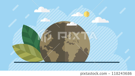 A vector illustration representing eco-friendly and sustainable practices, with the Earth surrounded by green leaves and clouds. The global perspective emphasizes environmental conservation. A vector illustration representing eco-friendly and sustainable practices, with the Earth surrounded by green leaves and clouds. The global perspective emphasizes environmental conservation. 118243686