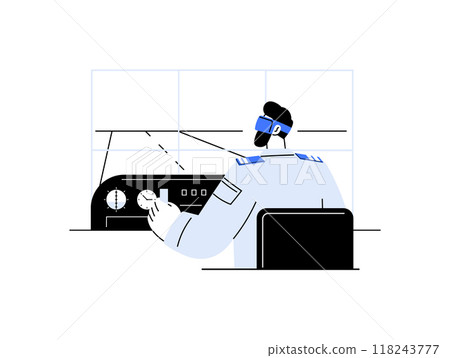 Depiction of a pilot with VR headset operating a flight simulator in a cockpit setting. Represents advanced training in aviation, virtual reality, and simulation technology. Depiction of a pilot with VR headset operating a flight simulator in a cockpit setting. Represents advanced training in aviation, virtual reality, and simulation technology. 118243777