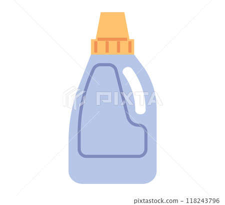 Blue plastic laundry detergent bottle with a yellow cap, featuring an ergonomic handle and curved design. Ideal for household use, displayed on a clean white background for product marketing. 118243796