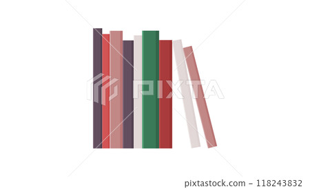 Five books arranged neatly with spines facing forward, standing upright on a surface, with one book leaning. The color palette includes muted reds, greens, and neutrals, perfect for home decor. Five books arranged neatly with spines facing forward, standing upright on a surface, with one book leaning. The color palette includes muted reds, greens, and neutrals, perfect for home decor. 118243832