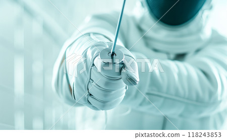 Close-up of a fencer in action. Focus on the glove and foil, highlighting the precision and detail of the sport. 118243853