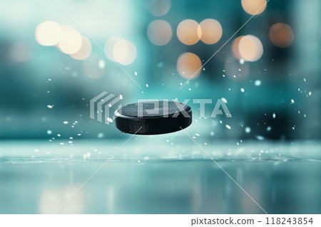 Close-up of a flying hockey puck with water droplets and bokeh lights in the background, capturing the essence of the sport. 118243854