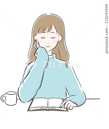 Woman reading coffee black main line light blue knit long hair 118243949