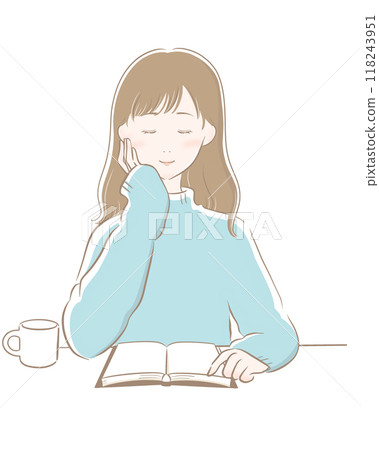 Woman reading coffee brown main line light blue knit long hair 118243951