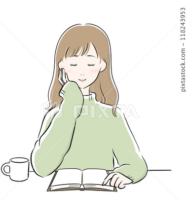 Woman reading coffee black main line green knit long hair 118243953