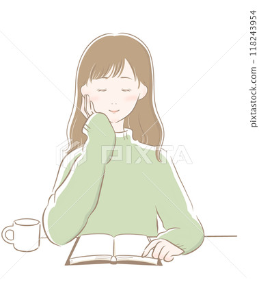 Woman reading coffee brown main line green knit long hair 118243954