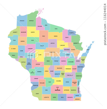 Wisconsin, U.S. state, subdivided into 72 counties, multi colored political map with capital Madison, borders and county names. State in the Great Lakes region of the Upper Midwest of United States. 118244014