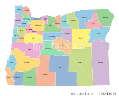 Oregon, U.S. state, subdivided into 36 counties, multi colored political map with capital Salem, borders and county names. State in the Pacific Northwest region of the United States. The Beaver State. 118244015