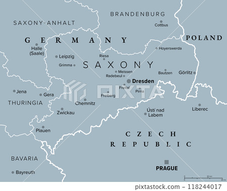 Saxony, a state in Germany, gray political map with capital Dresden, borders, and largest cities. Officially the Free State of Saxony, bordering the countries of Poland and Czech Republic. Vector. 118244017