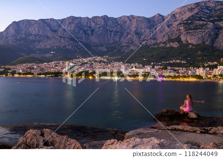 Makarska town, popular tourist seaside resort on the Adriatic sea coastline of Croatia 118244049