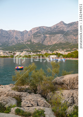 Makarska town, popular tourist seaside resort on the Adriatic sea coastline of Croatia 118244051