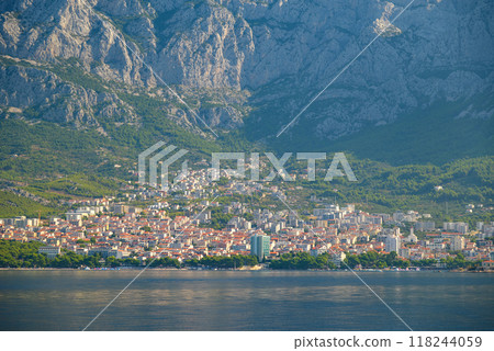 Makarska town, popular tourist seaside resort on the Adriatic sea coastline of Croatia 118244059