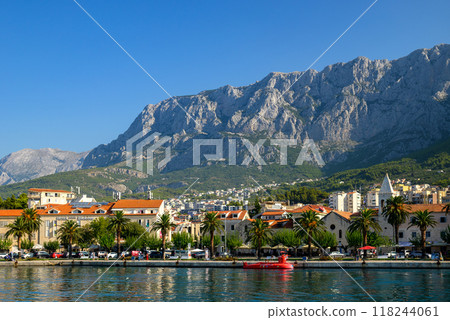 Makarska town, popular tourist seaside resort on the Adriatic sea coastline of Croatia 118244061