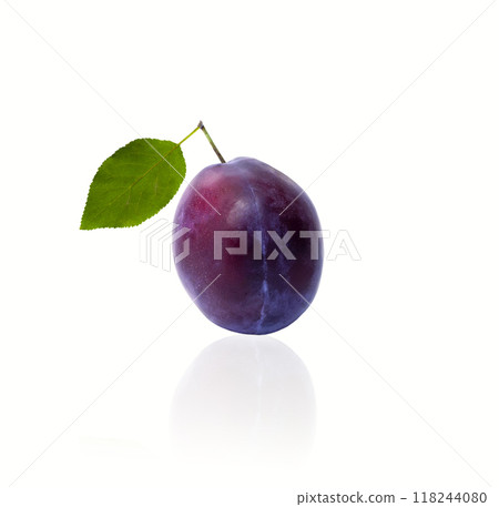 Fresh organic plum with leaves isolated on white background. 118244080