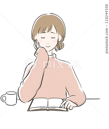 Woman reading coffee black main line pink knit 118244108