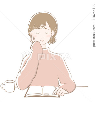 Woman reading coffee main line brown pink knit Woman reading coffee main line brown pink knit 118244109