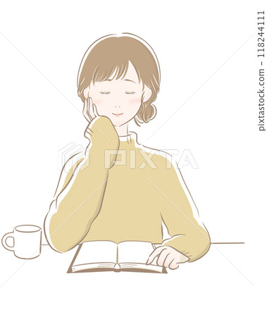 Woman reading coffee brown main line yellow knit 118244111