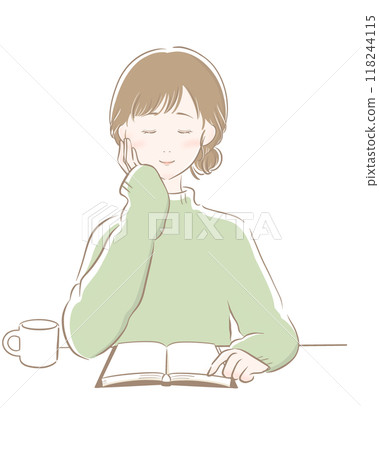 Woman reading coffee brown main line green knit Woman reading coffee brown main line green knit 118244115