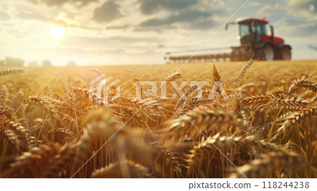 Wheat harvesting in a vast sunset field Wheat harvesting in a vast sunset field 118244238