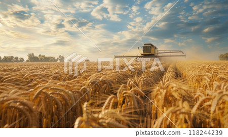 Wheat harvesting in a vast sunset field Wheat harvesting in a vast sunset field 118244239