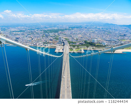View of Kobe from the top of the Akashi Kaikyo Bridge 118244434