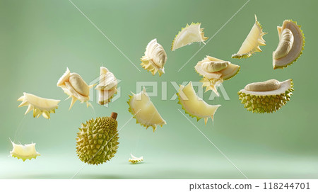 Experience the surreal beauty of floating durian fruit in this visually striking image. Experience the surreal beauty of floating durian fruit in this visually striking image. 118244701