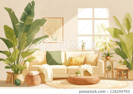 Cozy, lush living room with modern neutral tones, large windows Cozy, lush living room with modern neutral tones, large windows 118244703