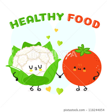 Cauliflower and tomato card. Vector hand drawn doodle style cartoon character illustration icon design. Happy Cauliflower and tomato friends concept card Cauliflower and tomato card. Vector hand drawn doodle style cartoon character illustration icon design. Happy Cauliflower and tomato friends concept card 118244854