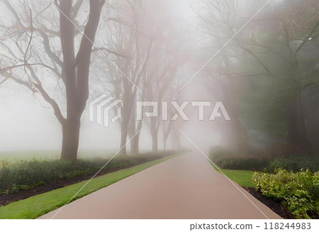 Thick morning fog covers the city park.AI Generated 118244983