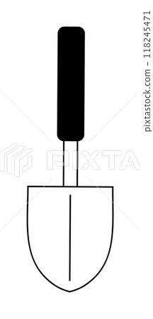 Hand trowel with black handle and blade in minimalist black and white design. Ideal for gardening, landscaping, digging, planting, and soil aeration. Clean, modern style. 118245471