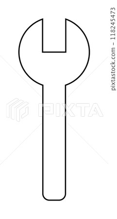 A basic line art drawing of a wrench in black outline, centered on a white background. Ideal for repair-related designs, engineering visuals, hardware store logos, toolbox illustrations A basic line art drawing of a wrench in black outline, centered on a white background. Ideal for repair-related designs, engineering visuals, hardware store logos, toolbox illustrations 118245473