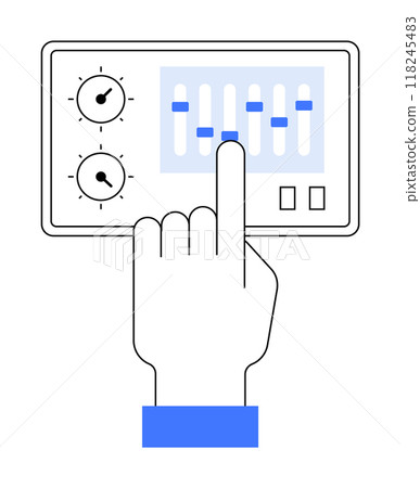 Simple vector image showing a hand interacting with an audio control panel. Ideal for themes like technology, sound engineering, user interface, control settings, and touchscreen devices. Minimalist Simple vector image showing a hand interacting with an audio control panel. Ideal for themes like technology, sound engineering, user interface, control settings, and touchscreen devices. Minimalist 118245483