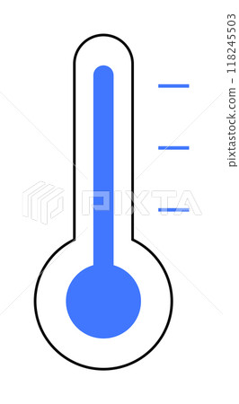 Thermometer filled with blue at a high level, indicating elevated temperature. Ideal for medical, weather, science, environment, and education themes. Minimal design, white background. 118245503