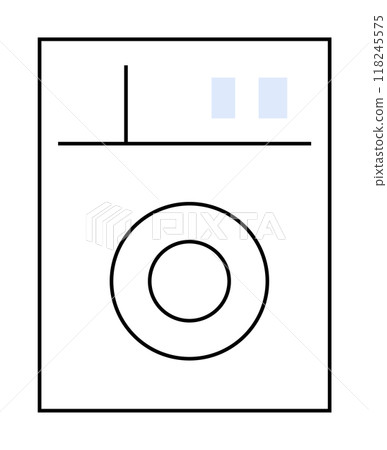 A stylized, minimalist depiction of a white washing machine with a round door and simple control indicators. Ideal for home appliances, household chores, cleaning activities, modern living, and inter A stylized, minimalist depiction of a white washing machine with a round door and simple control indicators. Ideal for home appliances, household chores, cleaning activities, modern living, and inter 118245575