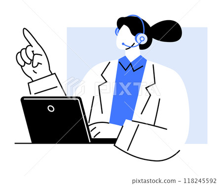 A customer support representative wearing a headset sits at a laptop and points upwards. Ideal for customer service, tech support, online assistance, communication, business. Simple vector style. 118245592