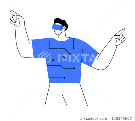 A person wearing a VR headset and pointing upward in both directions. Ideal for technology, virtual reality, modern education, futurism, innovation themes. Simple graphic style. A person wearing a VR headset and pointing upward in both directions. Ideal for technology, virtual reality, modern education, futurism, innovation themes. Simple graphic style. 118245607