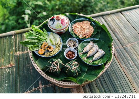 Northern Thai local food: mackerel, omelet and vegetables Northern Thai local food: mackerel, omelet and vegetables 118245711