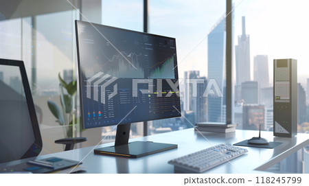 A monitor screen showing a finance statistical data is placed on a desk in an office on a high floor with cityscape view through big windows. Morning time. AI generated. 118245799
