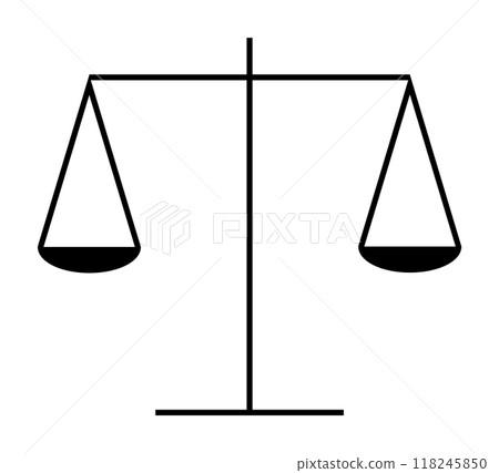 Black balance scale on a white background with minimalist style. Ideal for legal concepts, law and justice, fairness, equality, decision making, vector art, and legal documents. Simple, balanced 118245850