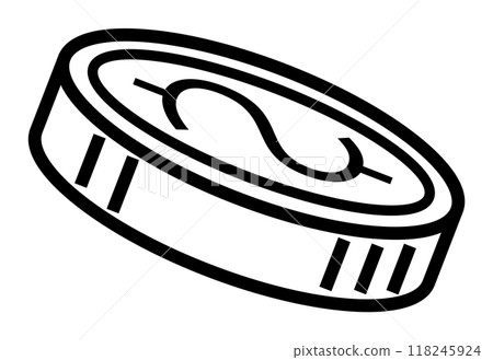 A black and white drawing of a coin with a dollar sign, angled slightly, on a white background. Ideal for finance, investment, money-related projects, economy, banking, and financial education. Minima 118245924