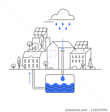 Urban buildings with solar panels, rainwater harvesting, underground storage. Ideal for sustainability, eco-friendly living, water conservation, green building, urban planning. Modern line art style. 118245949
