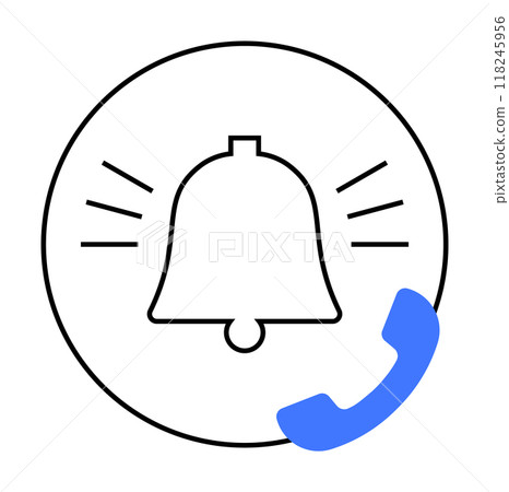 A ringing bell with a prominent incoming call icon in a minimalistic line art style. Ideal for app design, UI UX elements, communication tools, notification alerts, and customer service. Simple, clean 118245956