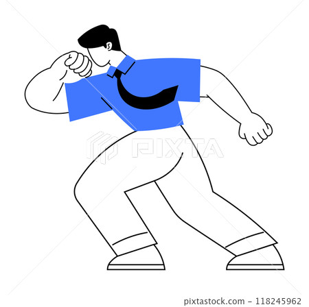 Confident professional in a dynamic pose, wearing a blue shirt and black tie. Ideal for themes like business, professional growth, leadership, motivation, and confidence. Bold and minimalistic style. Confident professional in a dynamic pose, wearing a blue shirt and black tie. Ideal for themes like business, professional growth, leadership, motivation, and confidence. Bold and minimalistic style. 118245962