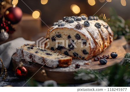 Traditional Christmas stollen fruit cake with christmas decoration background. Ai generative 118245977