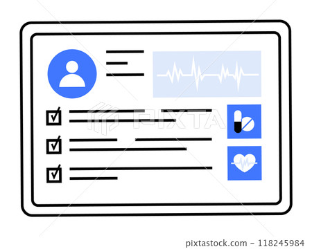 Medical record on tablet with user icon, ECG line, checkmarks, pills, heart icon. Ideal for health tech, patient management, digital record keeping, healthcare apps, telemedicine. Simple, clean Medical record on tablet with user icon, ECG line, checkmarks, pills, heart icon. Ideal for health tech, patient management, digital record keeping, healthcare apps, telemedicine. Simple, clean 118245984