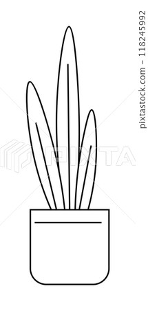 A simplistic black and white line drawing of a potted plant with long, slender leaves. Ideal for botanical themes, minimalism, interior decor, gardening, and vector art. Clean lines and simple form 118245992